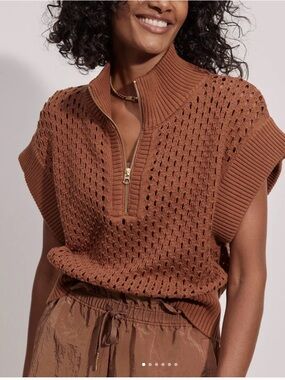 Varley Gaines Half Zip Knit Sweater Vest Open Knit Ribbed Trim Rawhide Small